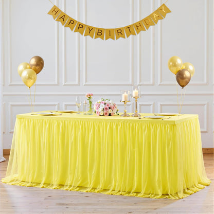 Yellow Tulle Tablecloth for 6 Foot Rectangular Tables 6ft Yellow Rectangle Table Cloth Wrinkle Free Table Cover with Tutu Skirt for Birthday Cocktail Banquet Buffet Lemon Citrus Fruit Party Decoration