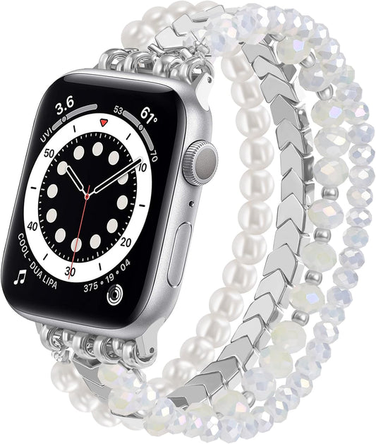 Beaded Bracelet Compatible with Apple Watch Band 38mm/40mm/41mm/42mm, Fashion Elastic Stretch Women Bands for iWatch Series 11/10/9/8/7/SE/6/5/4/3/2/1 iPhone Watch Strap Bands (White/Yellow)