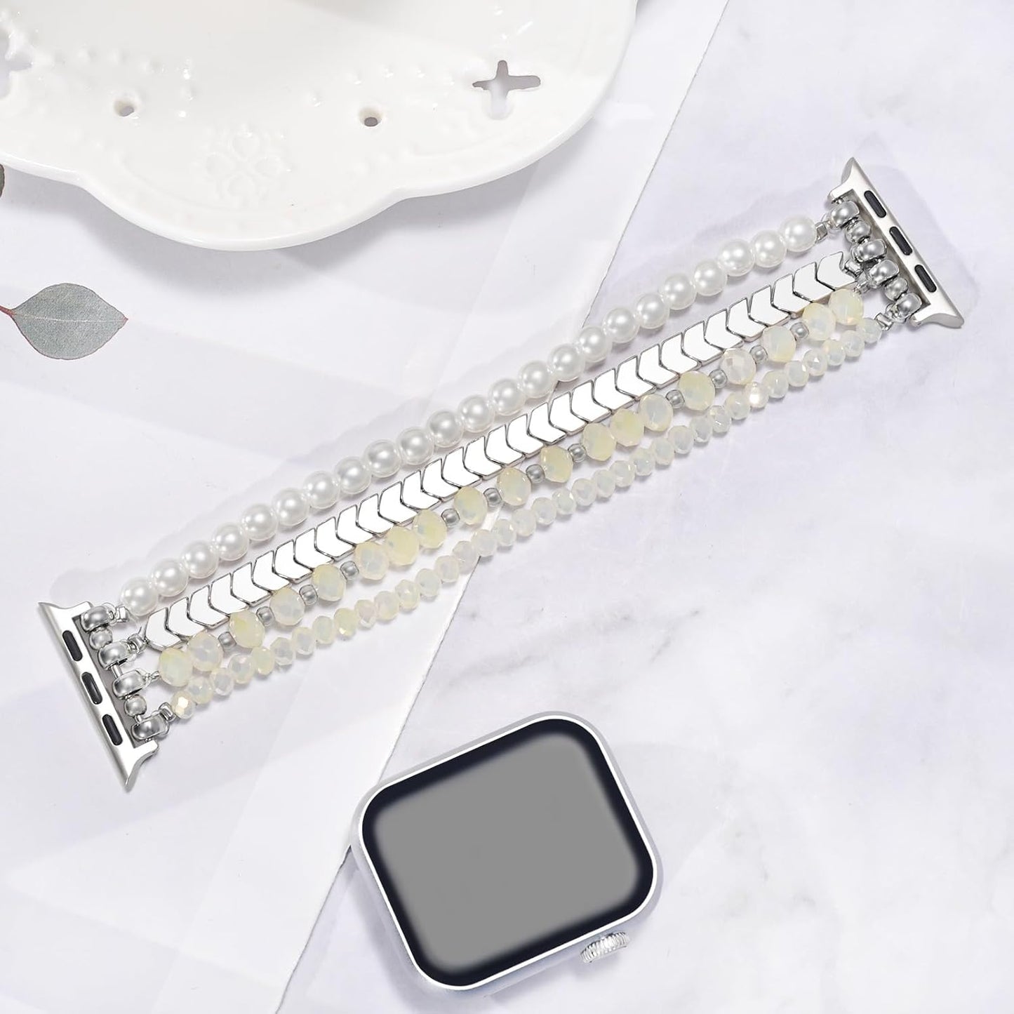 Beaded Bracelet Compatible with Apple Watch Band 38mm/40mm/41mm/42mm, Fashion Elastic Stretch Women Bands for iWatch Series 11/10/9/8/7/SE/6/5/4/3/2/1 iPhone Watch Strap Bands (White/Yellow)