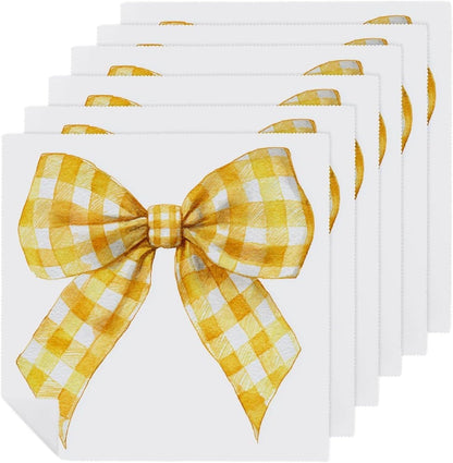 Yellow Checkered Bow Cloth Napkins Set of 6, Square Premium Reusable Washable Polyester Table Linen Napkin for Dinner Party