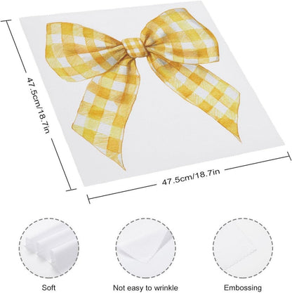 Yellow Checkered Bow Cloth Napkins Set of 6, Square Premium Reusable Washable Polyester Table Linen Napkin for Dinner Party