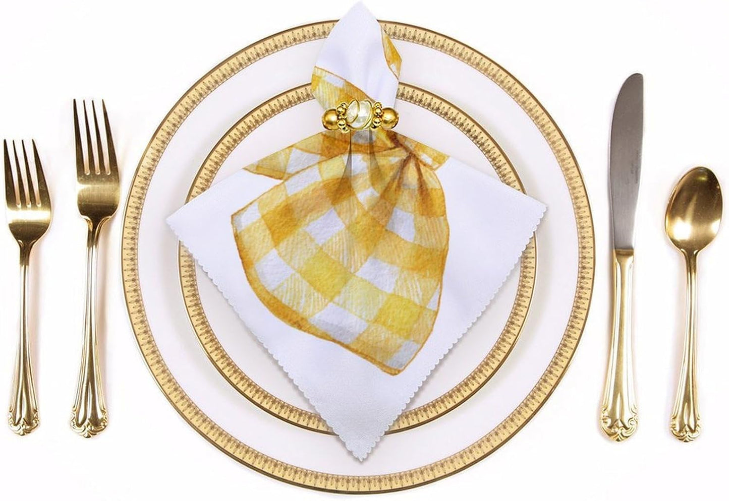 Yellow Checkered Bow Cloth Napkins Set of 6, Square Premium Reusable Washable Polyester Table Linen Napkin for Dinner Party