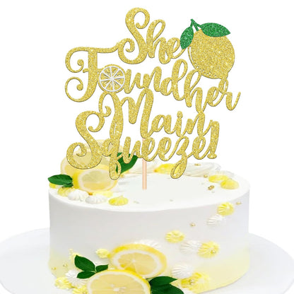 1 PCS She Found Her Main Squeeze Cake Topper Glitter Fruit Lemon Bridal Shower Cake Pick Decoration for Lemon Theme Wedding Engagement Bridal Shower Bachelorette Party Cake Decorations Supplies