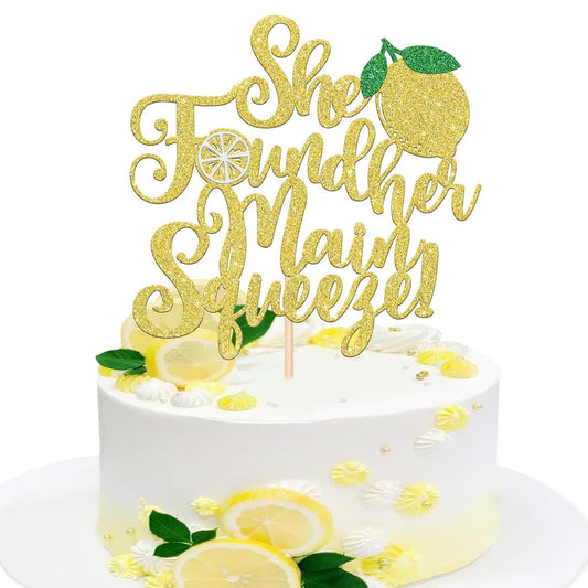1 PCS She Found Her Main Squeeze Cake Topper Glitter Fruit Lemon Bridal Shower Cake Pick Decoration for Lemon Theme Wedding Engagement Bridal Shower Bachelorette Party Cake Decorations Supplies