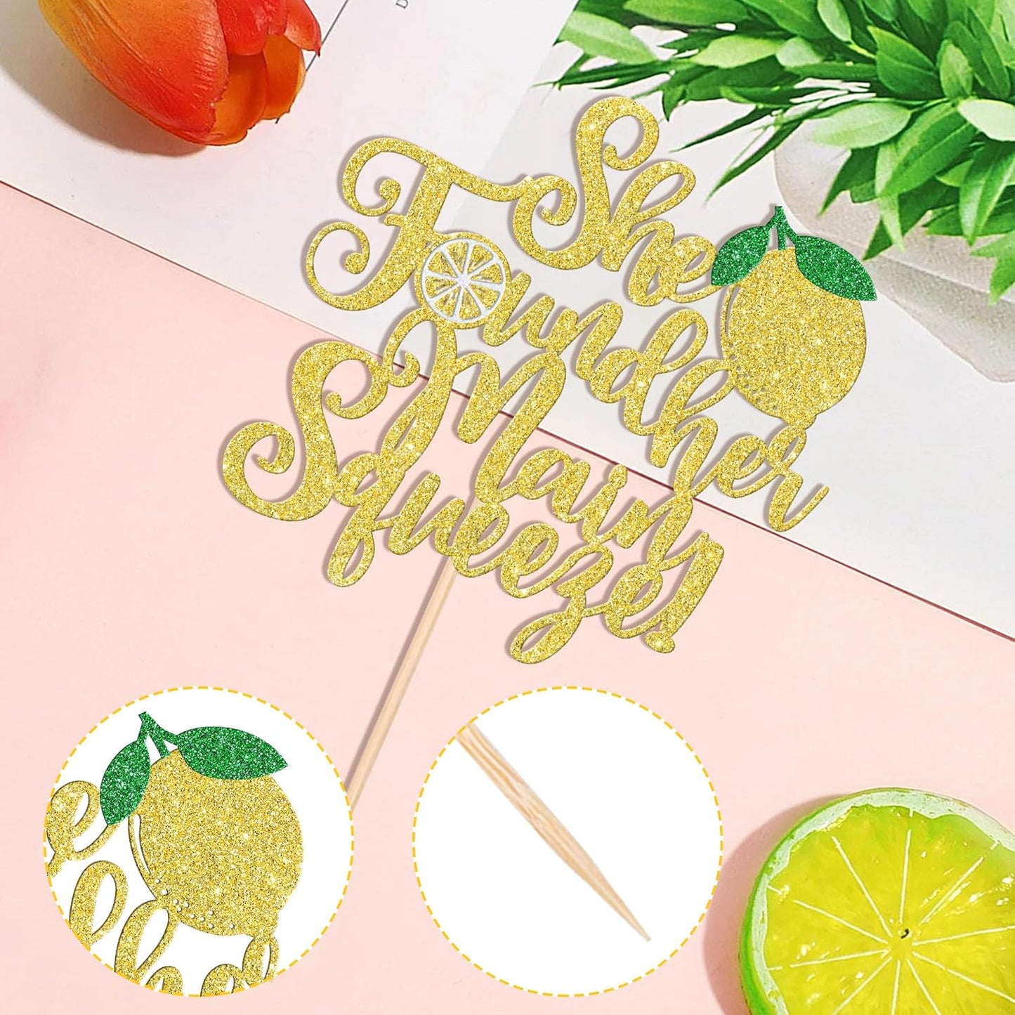 1 PCS She Found Her Main Squeeze Cake Topper Glitter Fruit Lemon Bridal Shower Cake Pick Decoration for Lemon Theme Wedding Engagement Bridal Shower Bachelorette Party Cake Decorations Supplies