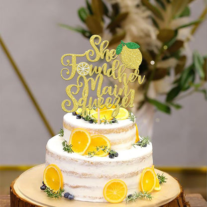 1 PCS She Found Her Main Squeeze Cake Topper Glitter Fruit Lemon Bridal Shower Cake Pick Decoration for Lemon Theme Wedding Engagement Bridal Shower Bachelorette Party Cake Decorations Supplies