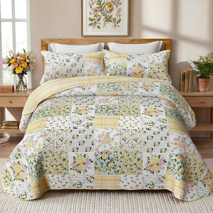 Yellow Patchwork King Quilt Floral King Size Quilt 3 Pieces Bedding Set Reversible Soft Lightweight Bedspread Coverlet for All Season, 106"x96" (1 Quilt, 2 Pillow Shams)