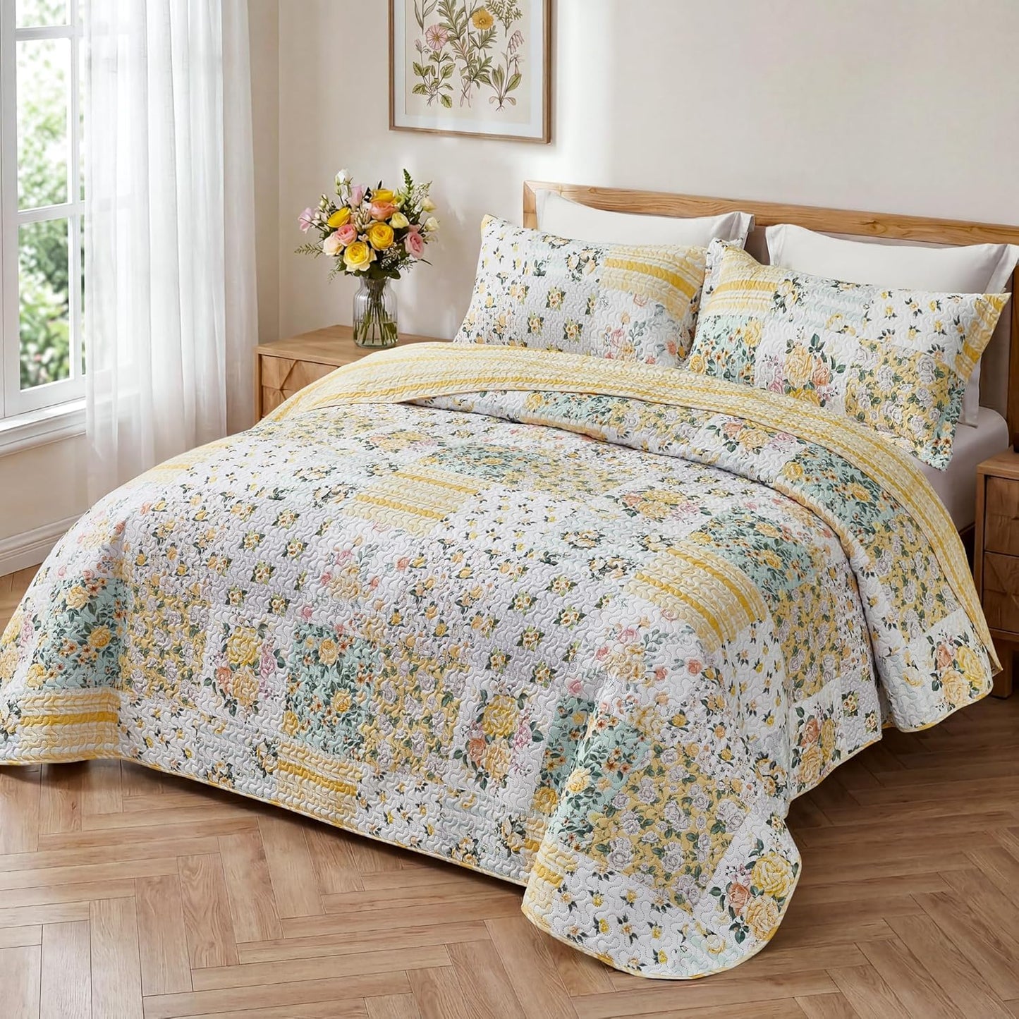 Yellow Patchwork King Quilt Floral King Size Quilt 3 Pieces Bedding Set Reversible Soft Lightweight Bedspread Coverlet for All Season, 106"x96" (1 Quilt, 2 Pillow Shams)