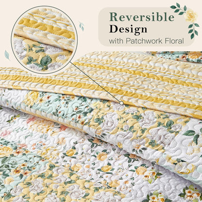 Yellow Patchwork King Quilt Floral King Size Quilt 3 Pieces Bedding Set Reversible Soft Lightweight Bedspread Coverlet for All Season, 106"x96" (1 Quilt, 2 Pillow Shams)