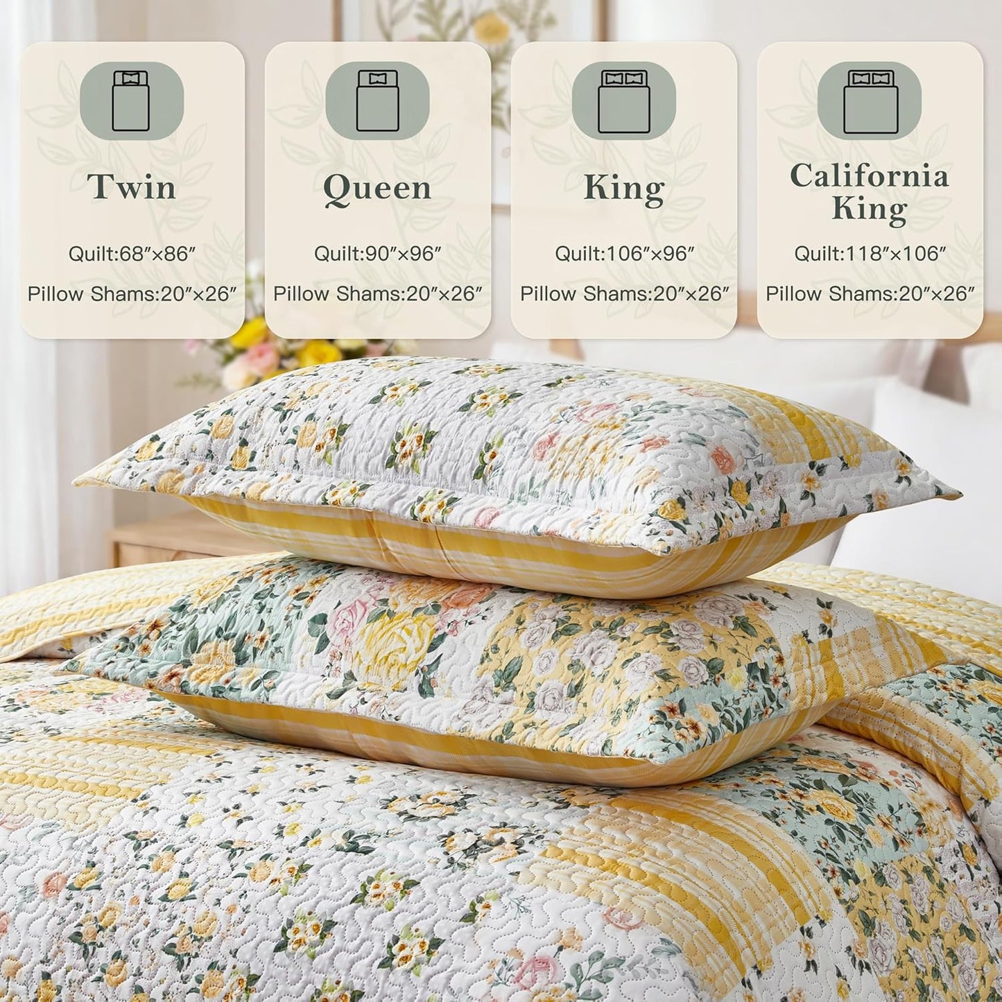 Yellow Patchwork King Quilt Floral King Size Quilt 3 Pieces Bedding Set Reversible Soft Lightweight Bedspread Coverlet for All Season, 106"x96" (1 Quilt, 2 Pillow Shams)