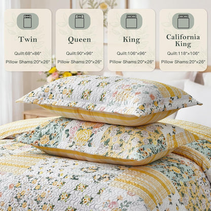 Yellow Patchwork King Quilt Floral King Size Quilt 3 Pieces Bedding Set Reversible Soft Lightweight Bedspread Coverlet for All Season, 106"x96" (1 Quilt, 2 Pillow Shams)