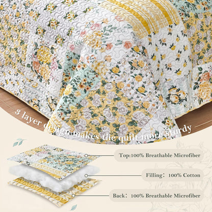Yellow Patchwork King Quilt Floral King Size Quilt 3 Pieces Bedding Set Reversible Soft Lightweight Bedspread Coverlet for All Season, 106"x96" (1 Quilt, 2 Pillow Shams)