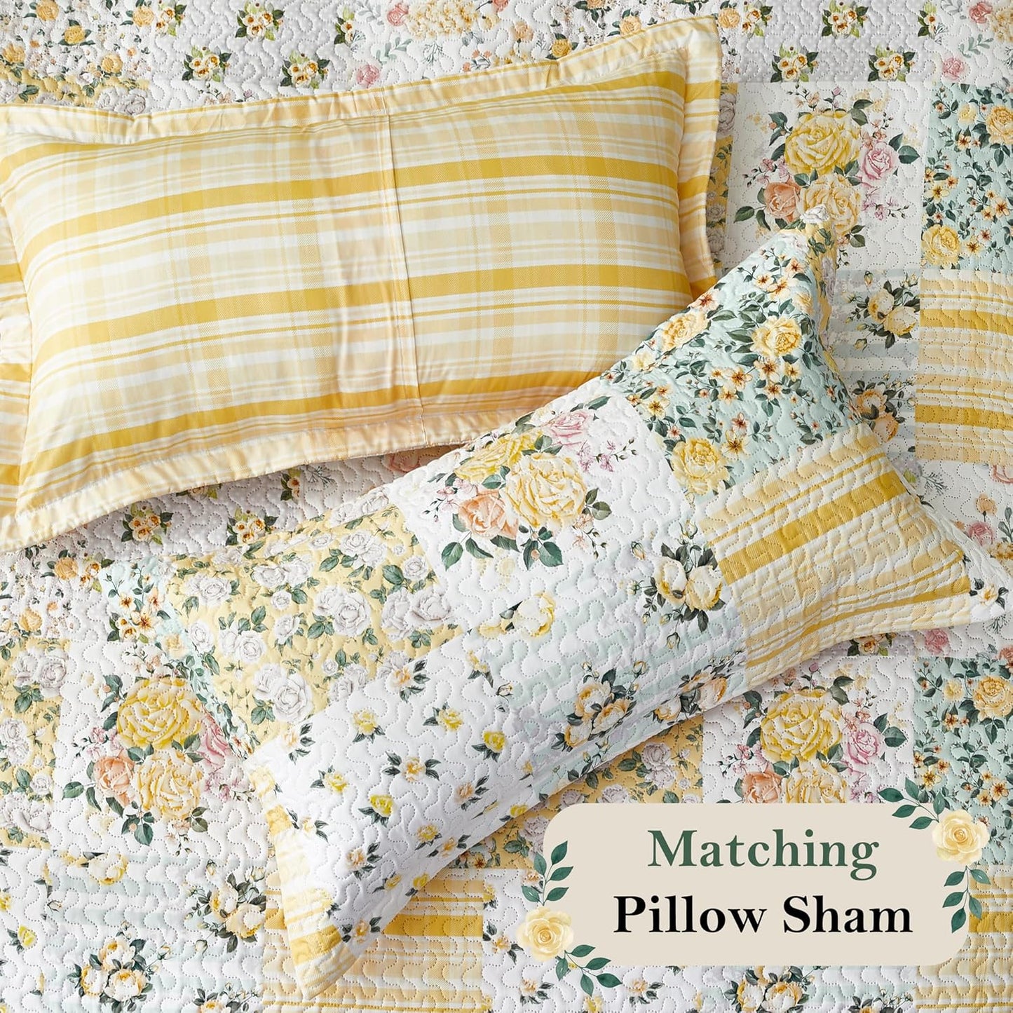 Yellow Patchwork King Quilt Floral King Size Quilt 3 Pieces Bedding Set Reversible Soft Lightweight Bedspread Coverlet for All Season, 106"x96" (1 Quilt, 2 Pillow Shams)
