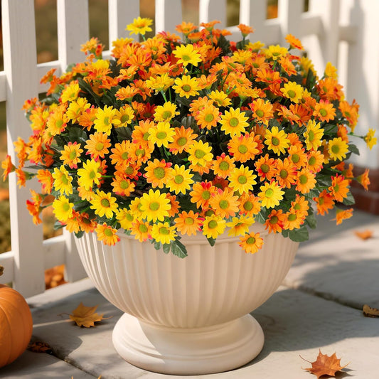 Fake Mums Fall Artificial Flowers for Outdoor Decoration 6 Bundles | Faux Silk Daisy Flowers Realistic UV Resistant No Fade Fall Fake Plants for Home Patio Porch Garden Window Box Decor