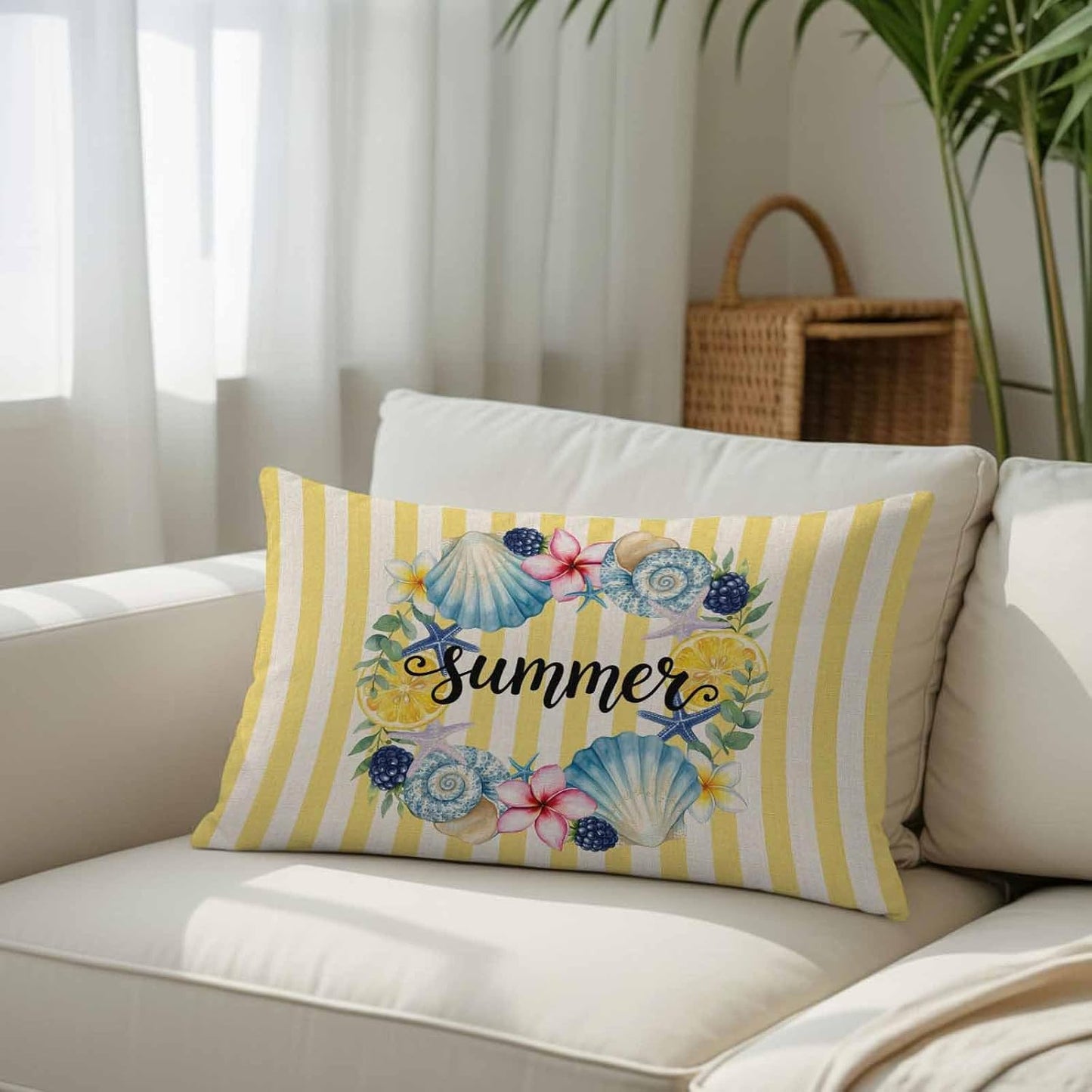 Summer Pillow Covers Lemons Starfish Flower Stripes Yellow Vintage 20x26 Inch - Standard Soft Brushed Microfiber Pillowcases with Hidden Zipper Closure Bed Pillow Shams for Bedroom Sofa Car