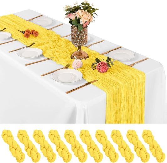 10 Pack Lemon Yellow Cheesecloth Table Runner 17x108 Inch Boho Gauze Fabric Table Runners for Wedding Party Baby Shower Home Decor