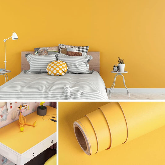 Contact Paper Yellow Peel and Stick Wallpaper Waterproof Cabinet Wallpaper Self Adhesive Desk Vinyl Wrap Counter Top Covers Mustard Yellow Wall Paper Sticky Kids Room Decor 15.8X78.8