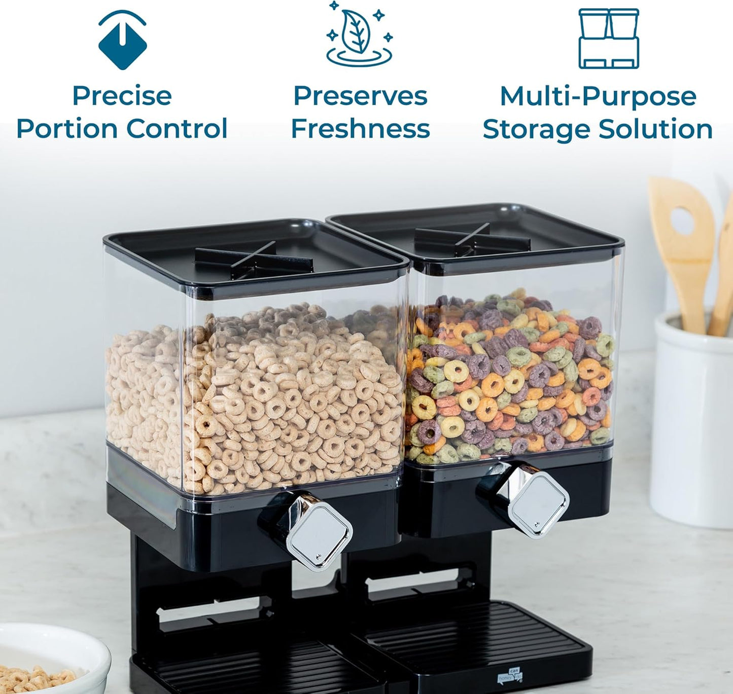 Honey-Can-Do Zevro Compact Dry Food Dispenser, Dual Control, Black/Chrome