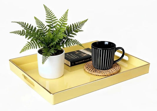 Decorative Tray, Rectangular Plastic Tray with Handles, Modern Vanity Tray and Serving Tray for Bathroom, Kitchen, Ottoman and Coffee Table, 15.6” x 10.2” (Light Yellow)