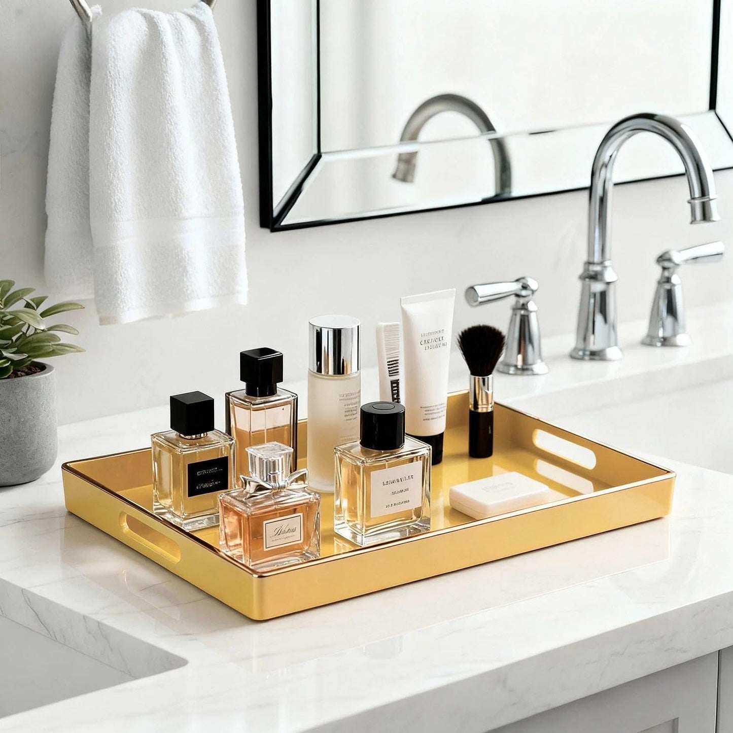 Decorative Tray, Rectangular Plastic Tray with Handles, Modern Vanity Tray and Serving Tray for Bathroom, Kitchen, Ottoman and Coffee Table, 15.6” x 10.2” (Light Yellow)