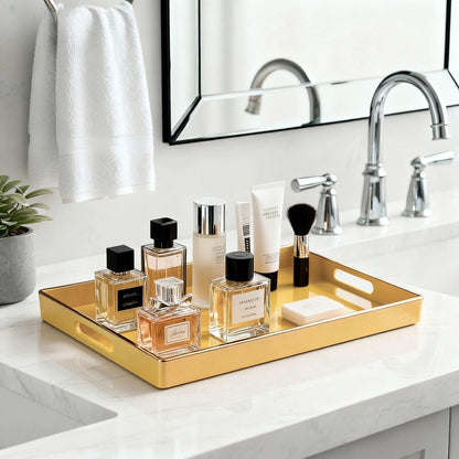 Decorative Tray, Rectangular Plastic Tray with Handles, Modern Vanity Tray and Serving Tray for Bathroom, Kitchen, Ottoman and Coffee Table, 15.6” x 10.2” (Light Yellow)