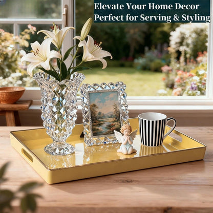 Decorative Tray, Rectangular Plastic Tray with Handles, Modern Vanity Tray and Serving Tray for Bathroom, Kitchen, Ottoman and Coffee Table, 15.6” x 10.2” (Light Yellow)