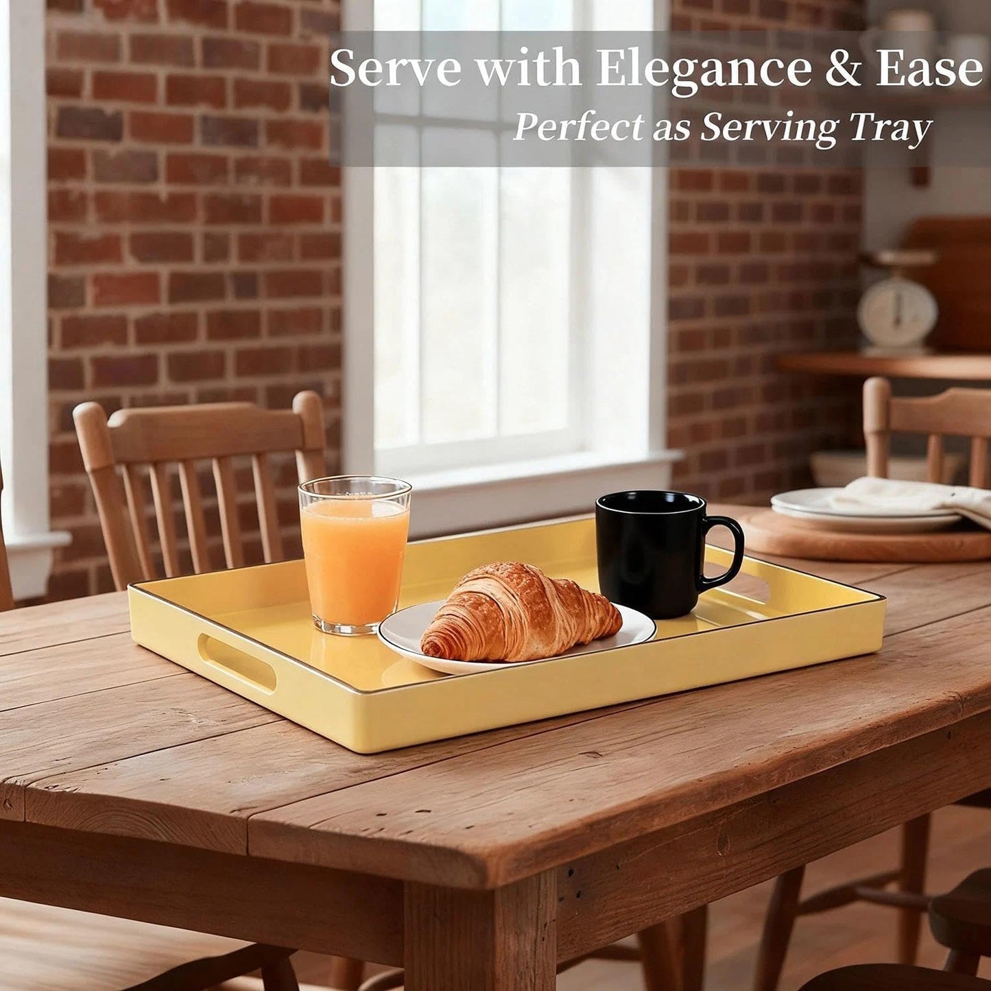 Decorative Tray, Rectangular Plastic Tray with Handles, Modern Vanity Tray and Serving Tray for Bathroom, Kitchen, Ottoman and Coffee Table, 15.6” x 10.2” (Light Yellow)