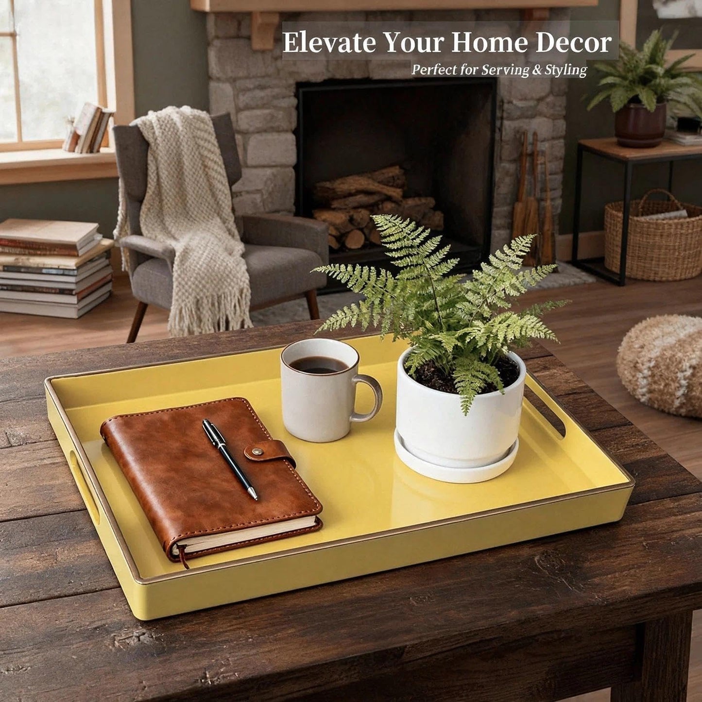 Decorative Tray, Rectangular Plastic Tray with Handles, Modern Vanity Tray and Serving Tray for Bathroom, Kitchen, Ottoman and Coffee Table, 15.6” x 10.2” (Light Yellow)