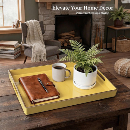Decorative Tray, Rectangular Plastic Tray with Handles, Modern Vanity Tray and Serving Tray for Bathroom, Kitchen, Ottoman and Coffee Table, 15.6” x 10.2” (Light Yellow)