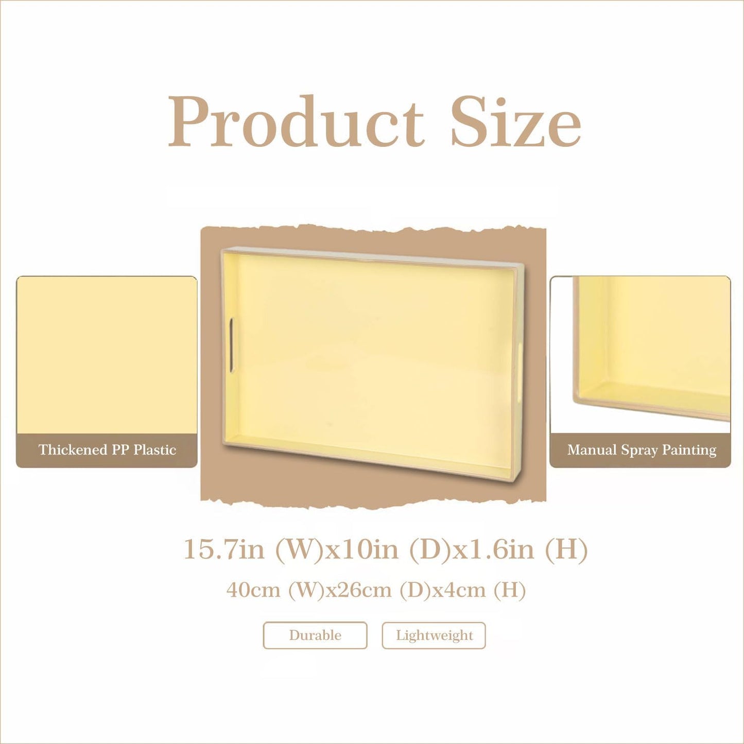Decorative Tray, Rectangular Plastic Tray with Handles, Modern Vanity Tray and Serving Tray for Bathroom, Kitchen, Ottoman and Coffee Table, 15.6” x 10.2” (Light Yellow)
