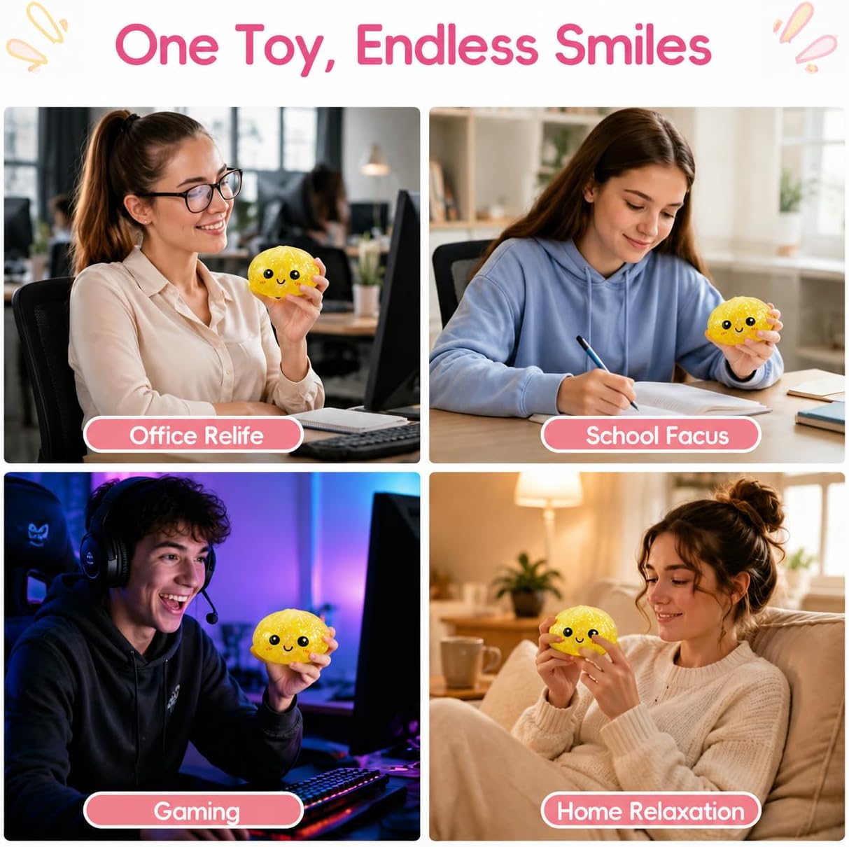 Cute Squishy Stress Relief Fidget, Handpicked Low-Odor Soft Sensory Desk Companion, Kawaii Relaxing Office Accessory for Adults, Fun Desktop Decoration & Gift (Yellow)