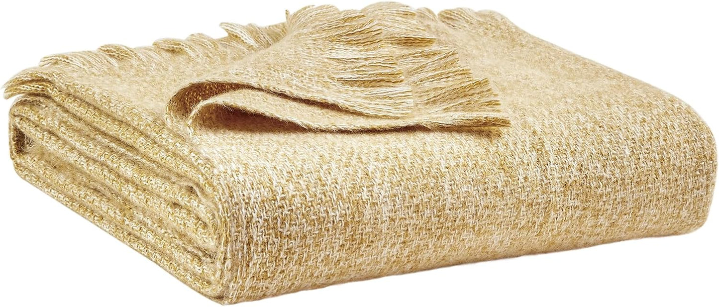 BOURINA Faux Cashmere Fringe Throw Blanket Decorative Lightweight Throw Soft Cozy for Bed or Sofa Outdoor Blanket, 50" x 70" Yellow